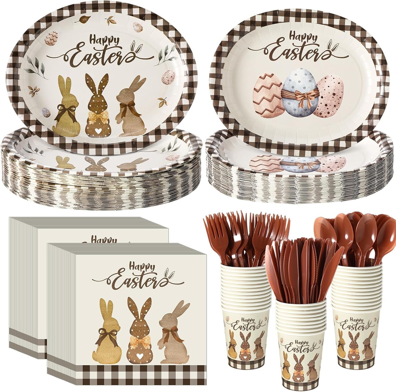350 Pcs Easter Bunny Party Supplies Happy Easter Disposable Tableware Set Buffalo Plaids Eggs Oval Paper Plates Cups Napkins Fork Knife Spoon for Spring Party Table Decorations(Bunny)